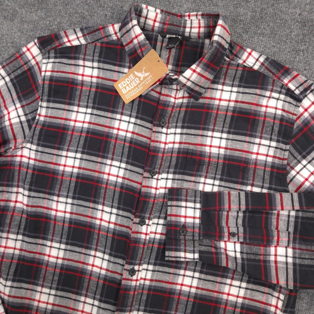 Eddie Bauer Mr Field Flannel Flex Shirt Mens Large Carbon Red Plaid Stretch NEW